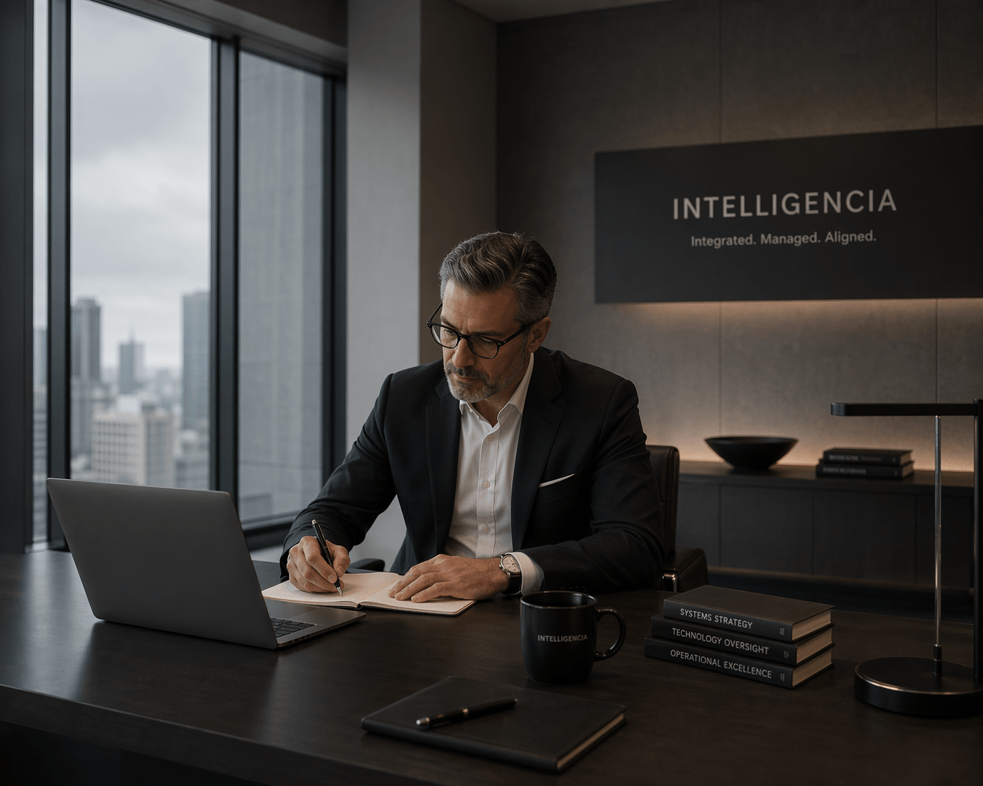 Brand philosophy and disciplined modernity visual for Intelligencia.