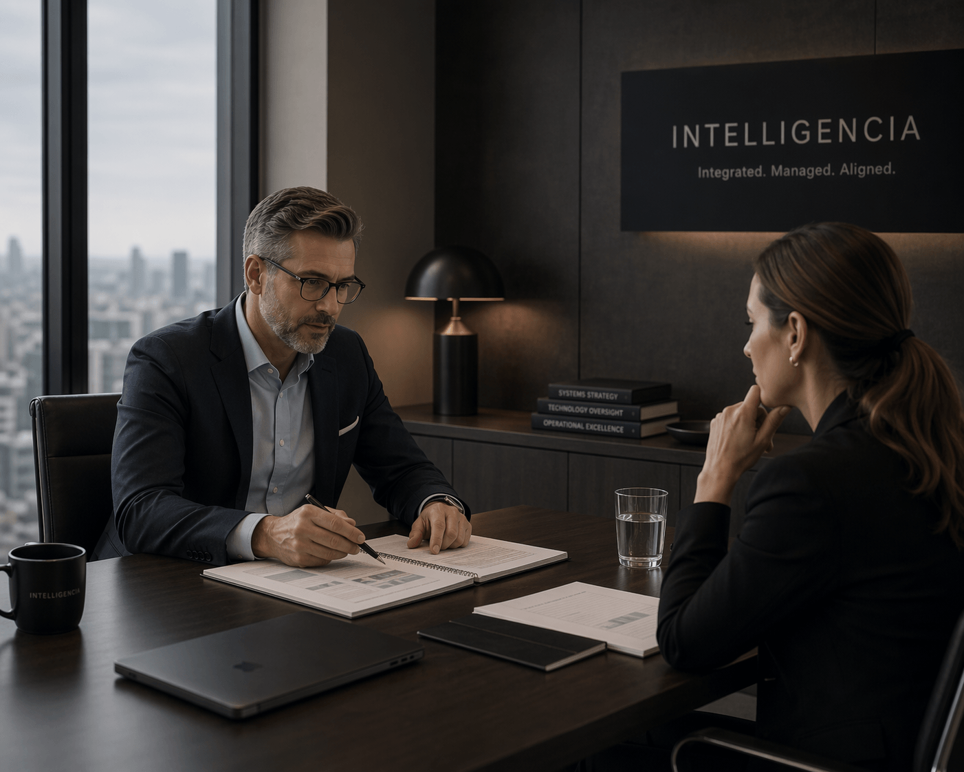 Executive consultation visual for Intelligencia contact page.
