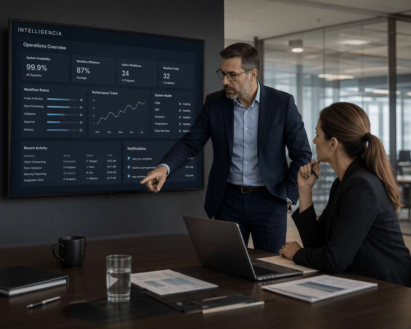Workflow operations and systems automation visual for Intelligencia.