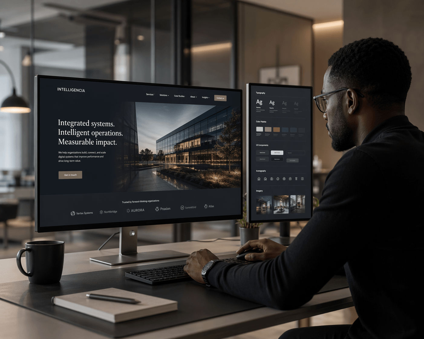 Premium website development workspace visual for Intelligencia.