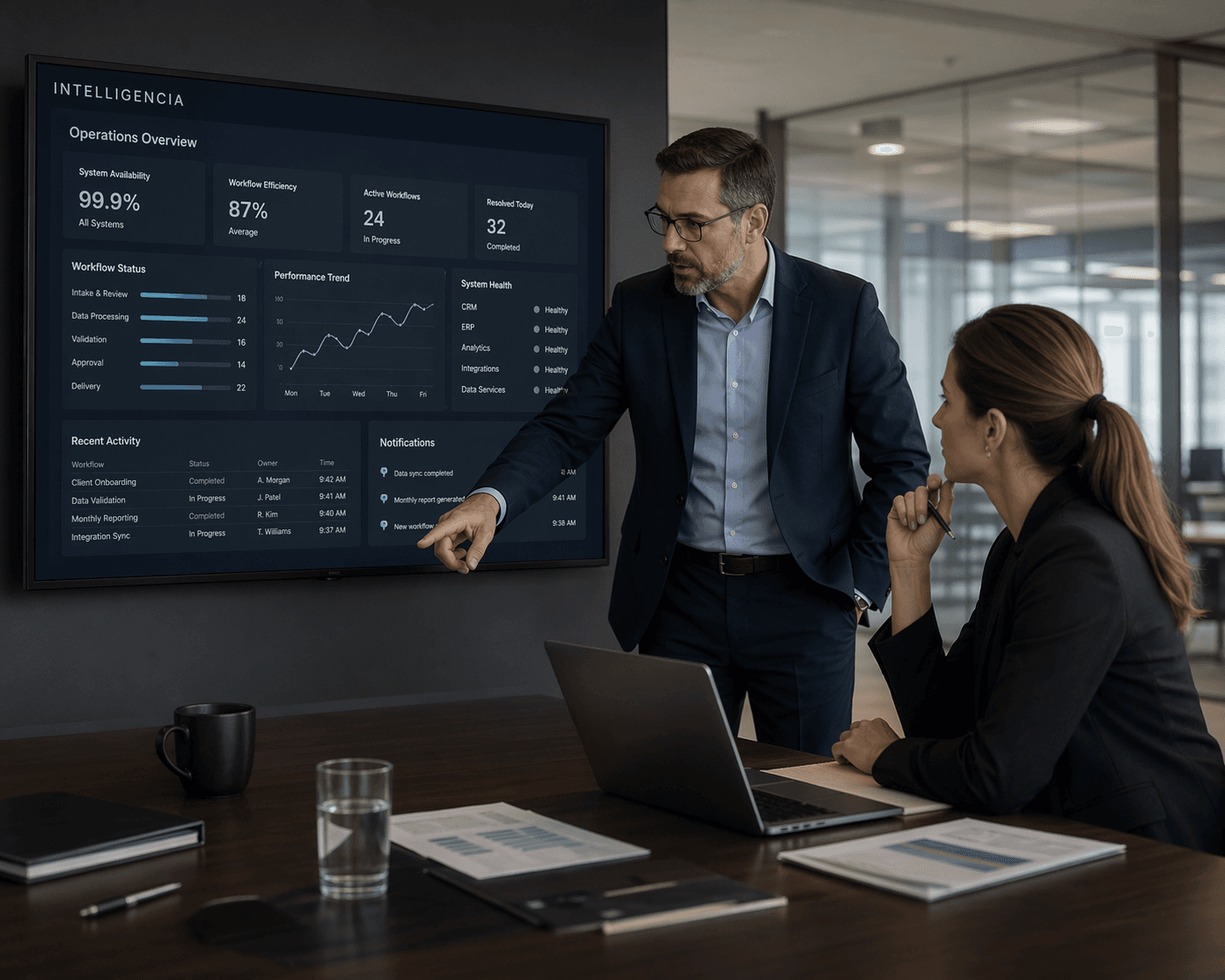 Workflow automation and systems integration visual for Intelligencia.